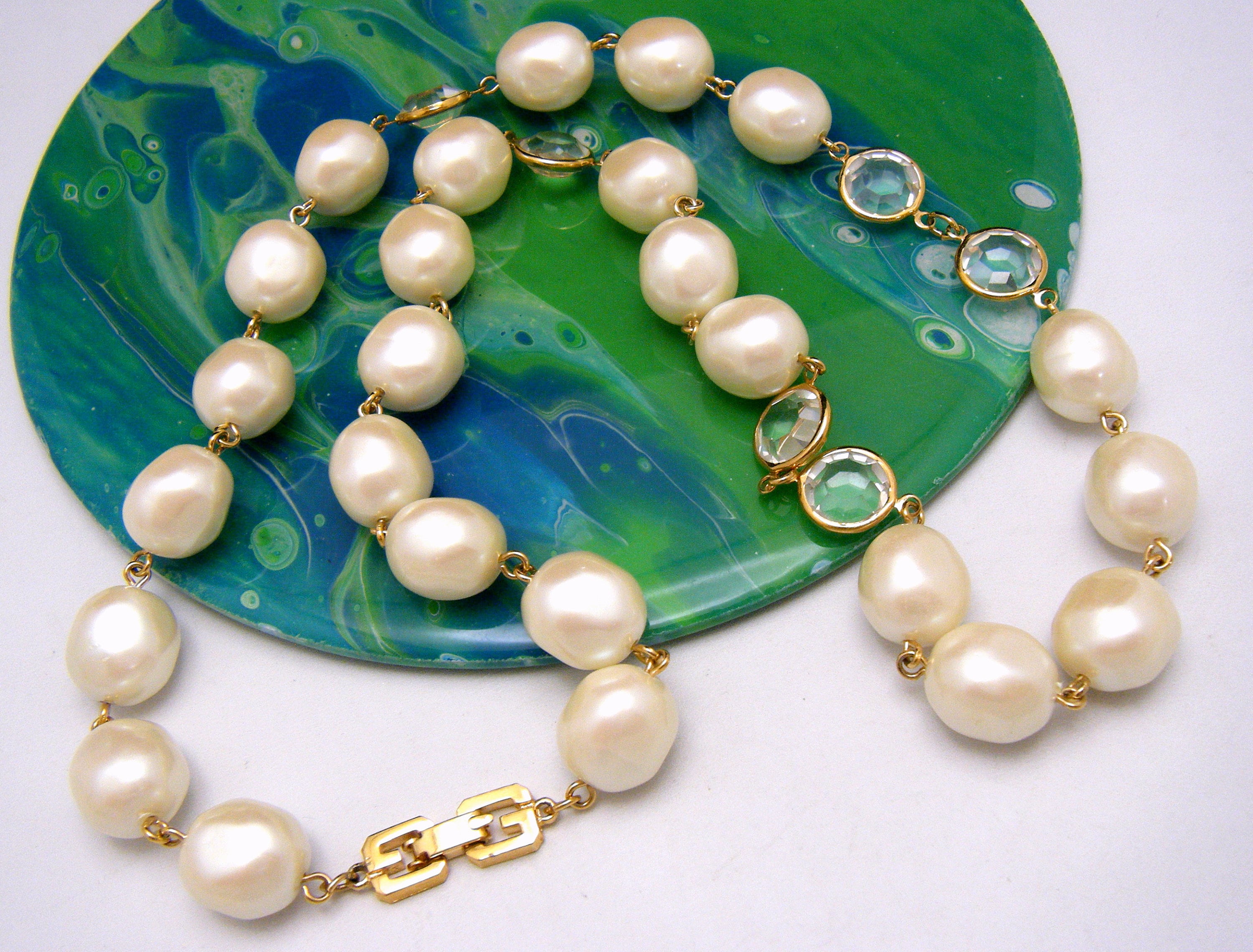 Vintage Givenchy New York Paris Necklace Faux Pearl Bezel Set