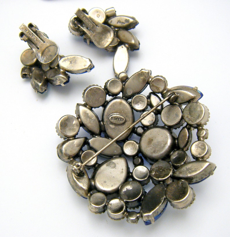 Stunning Vintage Kramer Shades Blue Carnival Glass Rhinestone Brooch Earring Set Silver Tone