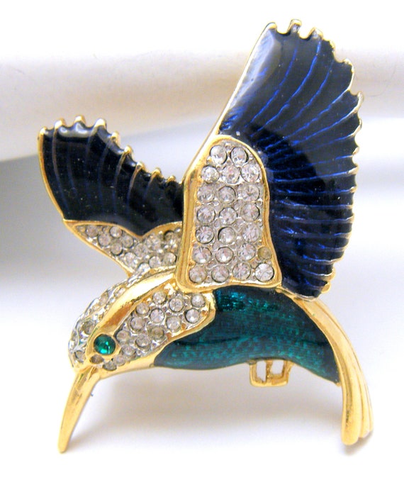 Super Cute Vintage Hummingbird Figural Brooch Rhin