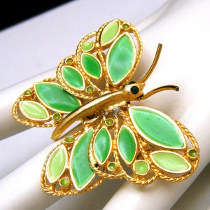Vintage Green Enamel Butterfly Rhinestone Eye Brooch Gold Tone