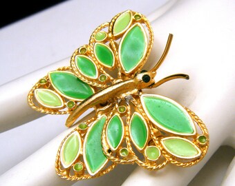 Broche vintage de mariposa con esmalte verde y diamantes de imitación en tono dorado