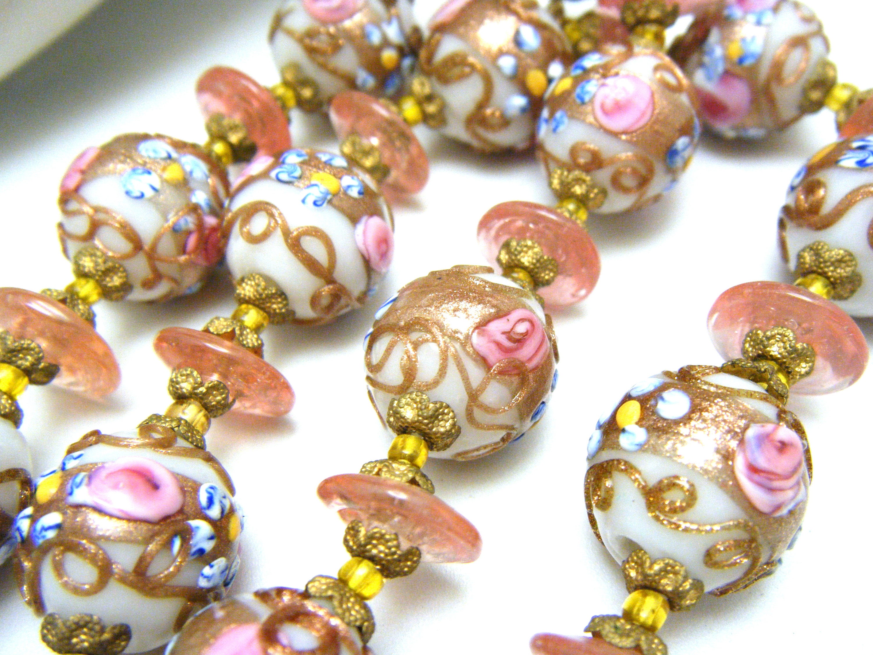 Necklace Murano Venetian Murano Rose Gold Foil Fiorato Glass Bead - Ruby  Lane