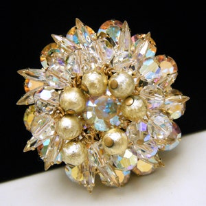 Vintage Juliana Beaded Brooch Confirmed AB Chatons Navettes Crystals Gilt Beads Gold Tone