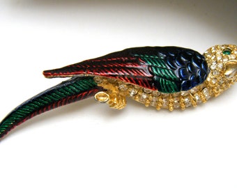 Broche Oiseau Vintage - Émaillée Vert Et Bleu Avec Strass - Couleur Or - Très Bon état