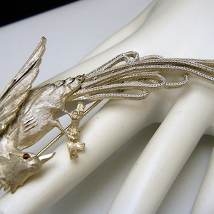 Vintage BSK Bird Brooch Wire Work Tail Red Cabochon Eye Silver Tone