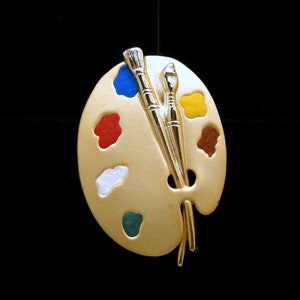 Cute Vintage AJC Enamel Artists Palette Brooch Gold Tone