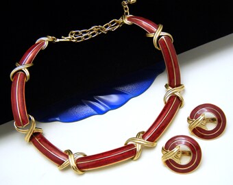 Trifari Tm Vintage Necklace Earring Set Metallic Red Enamel Gold Tone