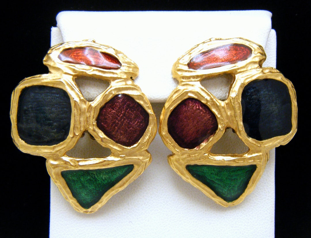 Boucles D'oreilles Clips Vintage En émail Doré - Bijou Fantaisie Ancien, Qualité 3474 - Occasion Vérifiée