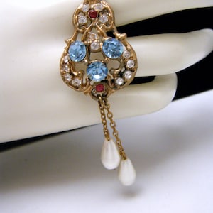Beautiful Vintage Rhinestone Pearlized Tear Drop Dangle Pendant Chain Necklace Gold Tone