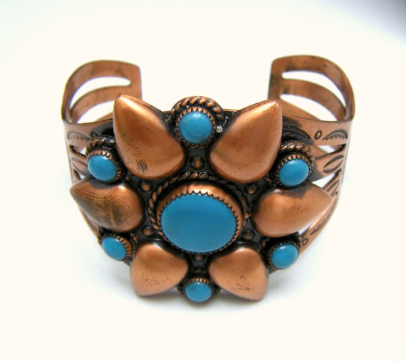 Vintage Signed Copper Bell Wide Cuff Bracelet Tur… - image 2