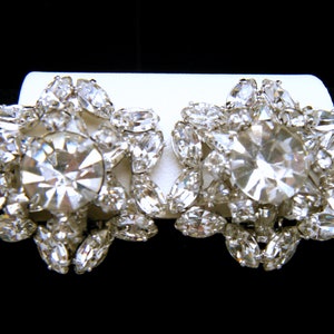 Brilliant Vintage Kramer Layered Clear Rhinestones Clip On Earrings Silver Tone