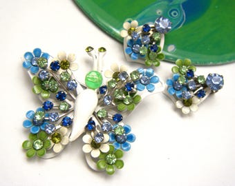 Adorable Vintage Enamel Rhinestone Butterfly Brooch Earrings Set Layered Flowers Design