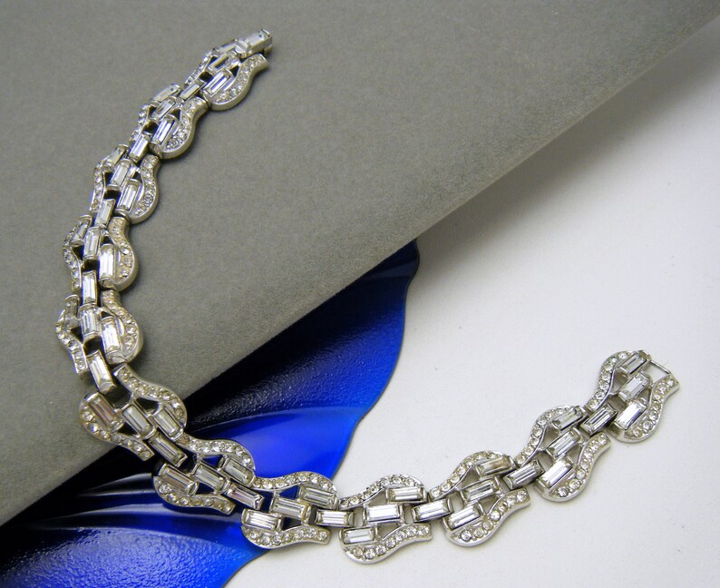 Vintage Crown Trifari Pat Pend Rhinestone Baguettes Bracelet Deco Revival