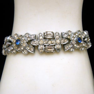 Stunning Vintage Art Deco Blue Clear Rhinestone Rhodium Plated Bracelet