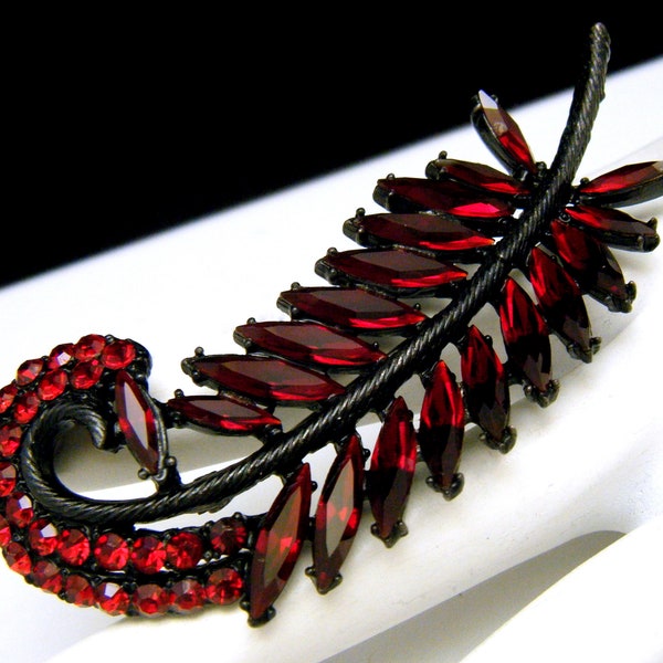 Elegant Vintage Large Red Navette Rhinestone Feather Brooch Japanned Black Enamel Setting