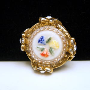 Sweet Dainty Vintage Pressed Glass Floral Rhinestone Pin Gold Tone