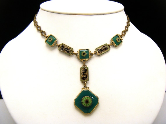 Gorgeous Vintage Art Deco Lavalier Necklace Green… - image 1