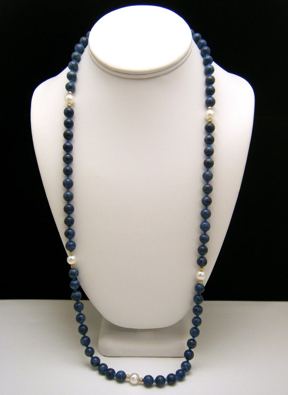 Vintage Blue Sodalite Bead Faux Pearl Hand Knotte… - image 2