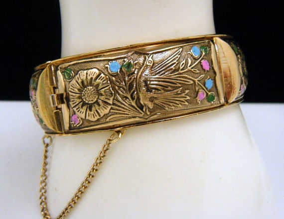 Vintage Embossed Floral Bird Enamel Hinged Bangle… - image 1