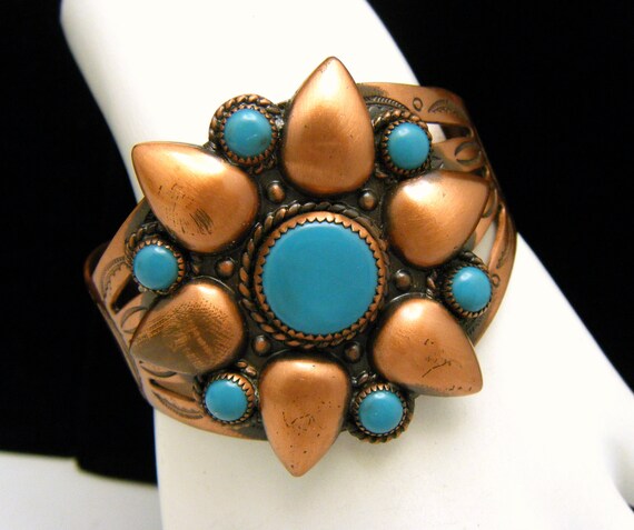 Vintage Signed Copper Bell Wide Cuff Bracelet Tur… - image 1