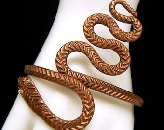 Awesome Vintage Copper Snake Cuff Bracelet Rhinestone Eyes