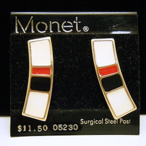 Vintage Monet Weiß Schwarz Rot Emaille Ohrstecker Original Karte Goldton