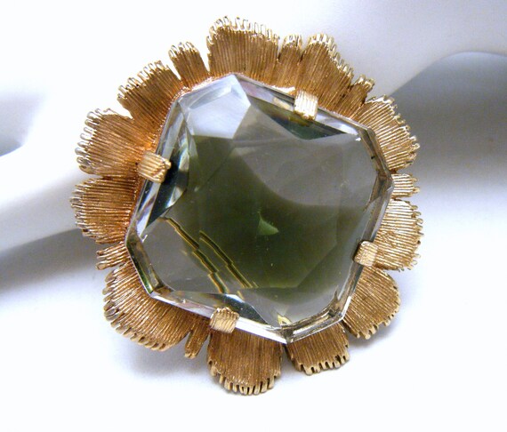 Vintage Emmons Green Givre Glass Flower Brooch Go… - image 2