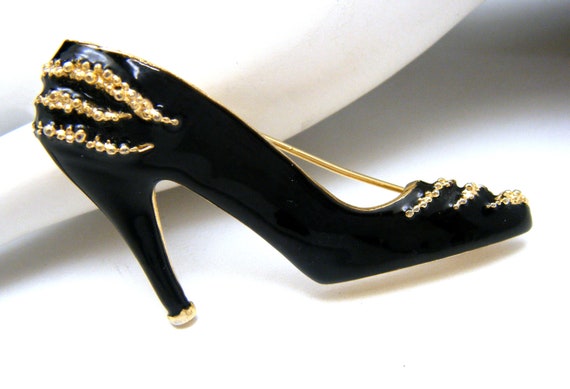 Cute Vintage Black Enamel High Heel Shoe Gold Ton… - image 1