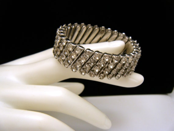 Vintage Rhinestone Expansion Bracelet Clear Silve… - image 3