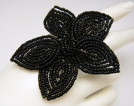 Cool Vintage Black Glass Bead Floral Brooch Silve… - image 2