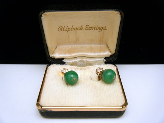 Vintage Jade Rhinestone Dangle Clip On Earrings G… - image 2