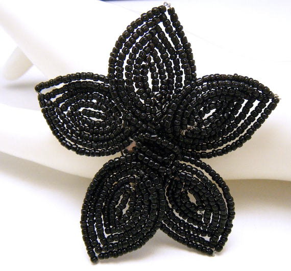 Cool Vintage Black Glass Bead Floral Brooch Silve… - image 1