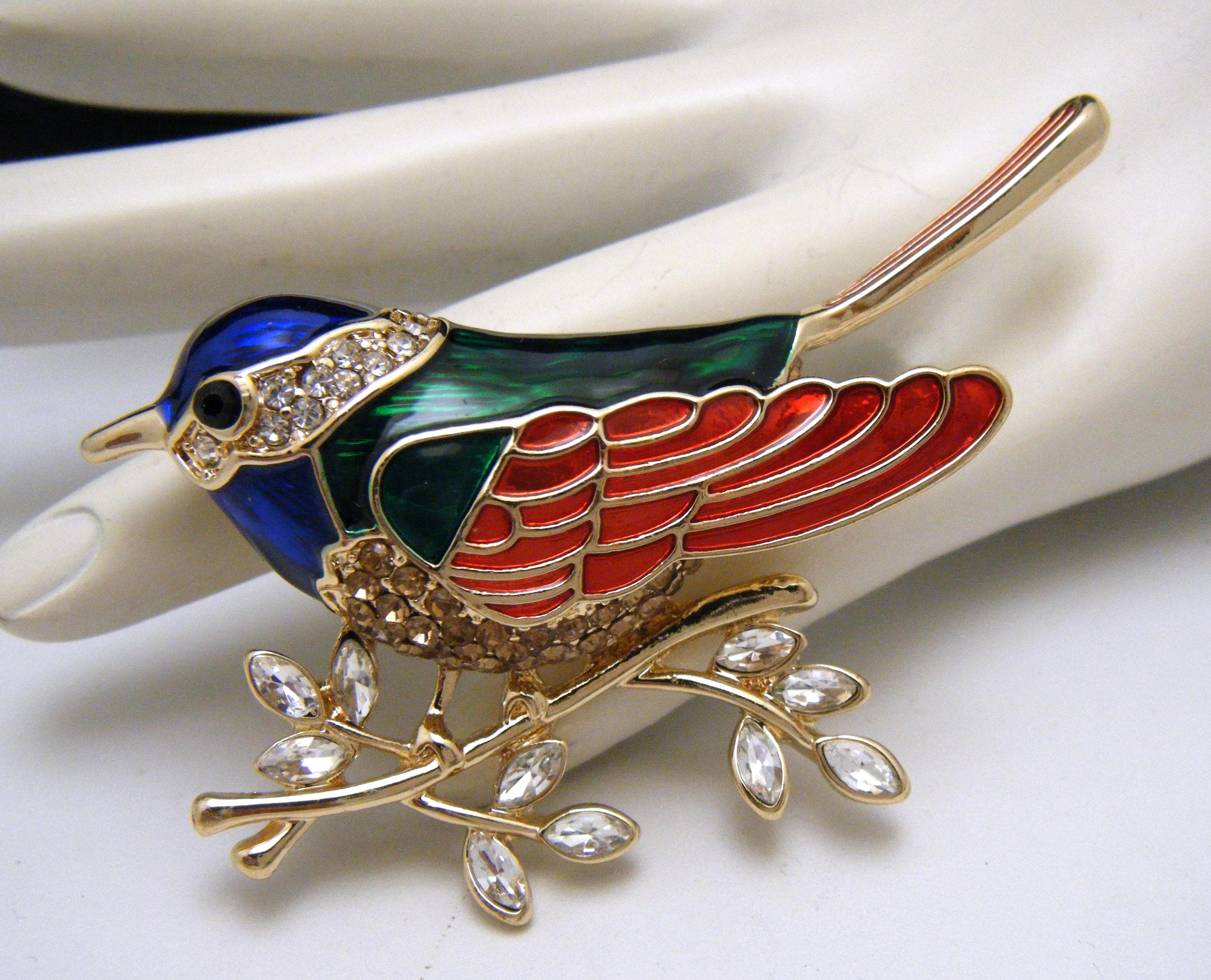 Vintage Anne Klein Enamel Rhinestone Bird Brooch Rhinestones Gold