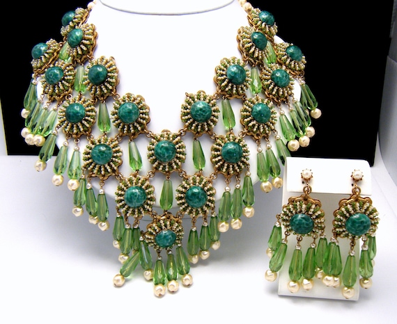 Stanley Hagler NYC Vintage Orange & Green Glass Necklace Pin & Earrings Set