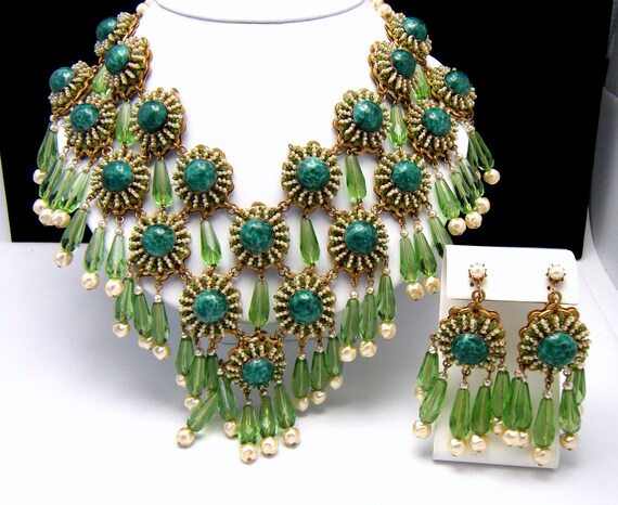 Stanley Hagler NYC Vintage Orange & Green Glass Necklace Pin & Earrings Set