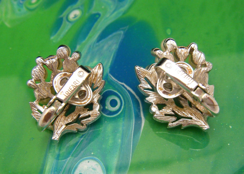 Beautiful Crown Trifari Earrings Faux Pearls Rhinestones Silver Tone Clip Ons