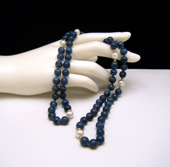 Vintage Blue Sodalite Bead Faux Pearl Hand Knotte… - image 1