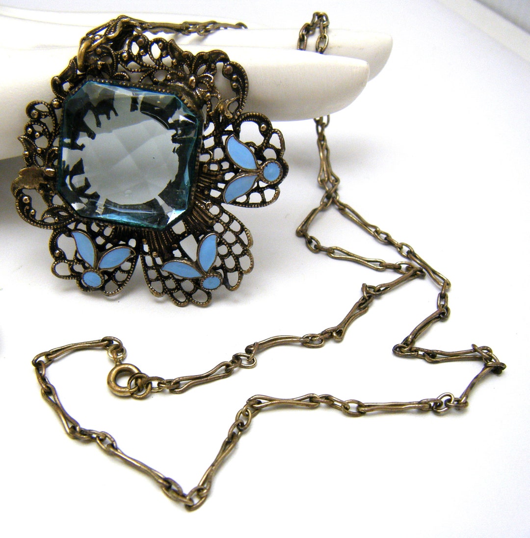 Collier Vintage émaillé Bleu - Ancien, Style Rétro, Très Bon état