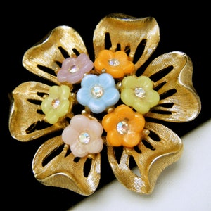 Pretty Vintage Flower Brooch Molded Glass Flowers AB Rhinestones Gold Tone