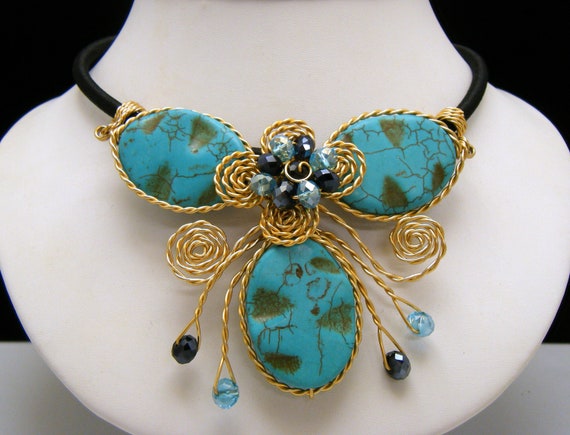 Vintage Faux Turquoise Wire Work Bead Pendant Adj… - image 1