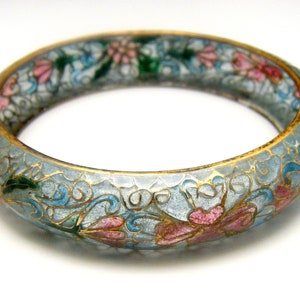 Beautiful Vintage Plique A Jour Bangle Bracelet Blue Floral Design Stained Glass