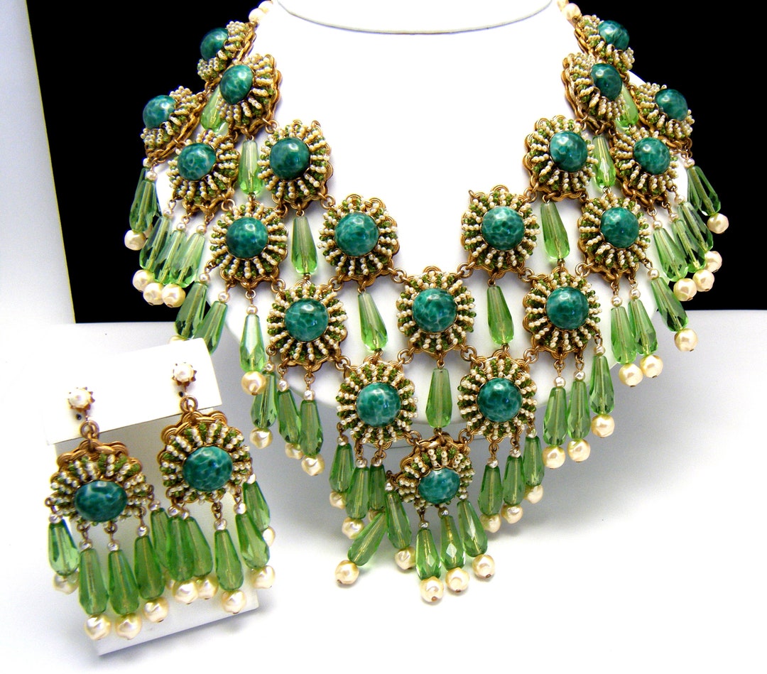 希少◇美品◇STANLEY HAGLER◇花模様パールネックレス◇ゴールド Vintage Stanley Hagler NYC Massive Bib Necklace Dangle Earring Set