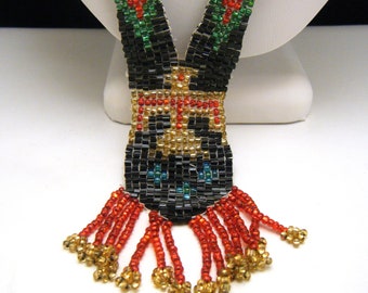 Colorful Vintage Seed Bead Thunderbird Arrow Fringe Necklace