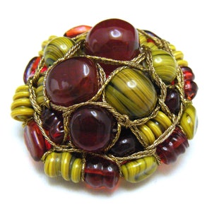 Vintage Gripoix Art Glass Dome Brooch Lampwork Red Gold Tone