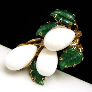Vintage Schreiner Brooch: White Glass Snow Drop, Carved Green Leaves