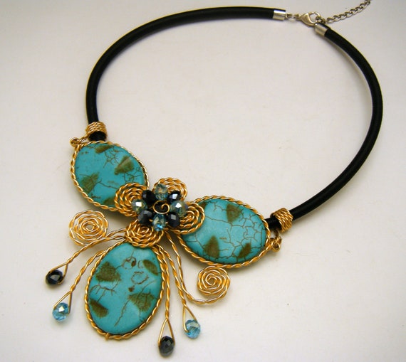 Vintage Faux Turquoise Wire Work Bead Pendant Adj… - image 2