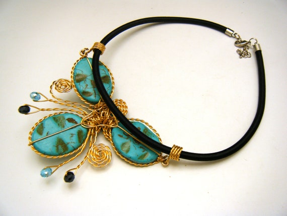 Vintage Faux Turquoise Wire Work Bead Pendant Adj… - image 3