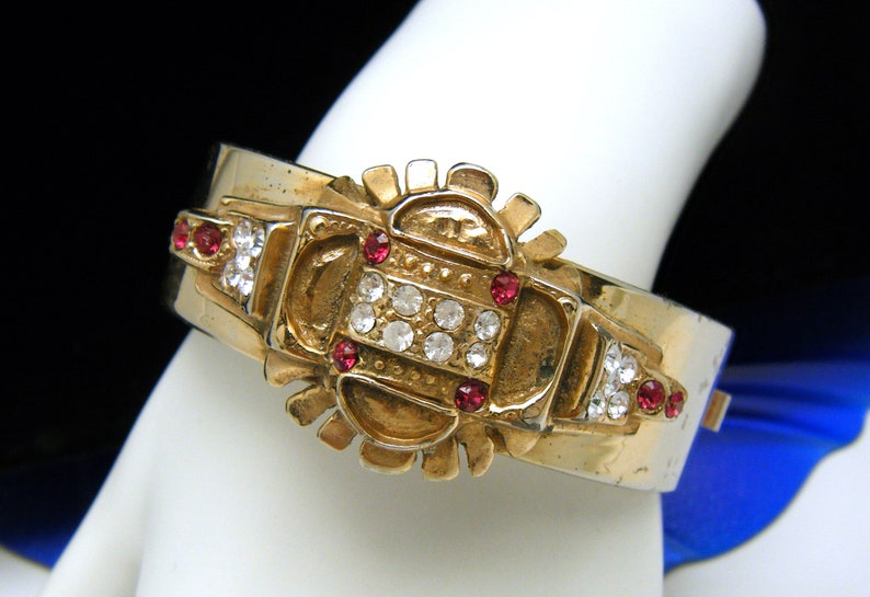 Beautiful Vintage Bracelet Victorian Revival Hinged Bangle Red Clear Rhinestones