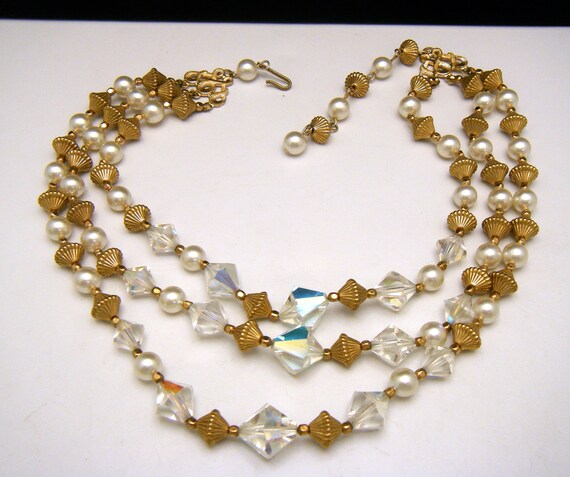 Vintage Faux Pearl Crystal Beaded Multi Strand Ad… - image 3