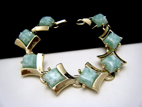 Pretty Vintage Lucite Bracelet Aqua White Marbled… - image 3